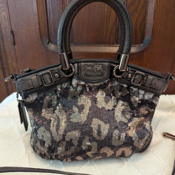 COACH OCELOT LEOPARD SEQUIN SOPHIA HANDBAG/ CROSSBODY BAG BRONZE #18638 - Picture 2 of 12